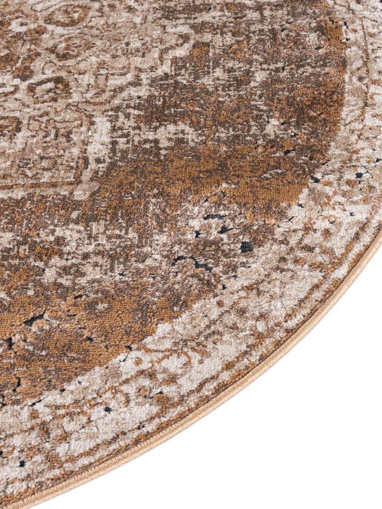 Khaki 7' 10 x 7' 10 Chateau Round Area Rug 85% Polypropylene & 15% Chenille With Cotton Backing Traditional Vintage Distressed Carpet for Classical Interior Design Decorating for Sale at Rug Engine