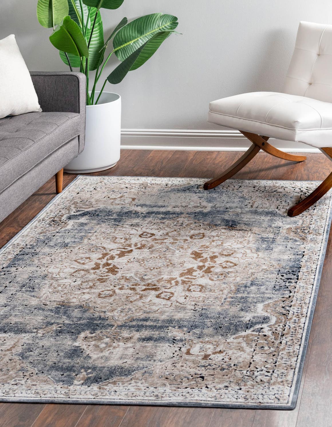 Slate Blue 9' x 12' Chateau Rectangle Area Rug 85% Polypropylene & 15% Chenille With Cotton Backing Traditional Vintage Distressed Carpet for Classical Interior Design Decorating for Sale at Rug Engine