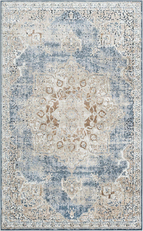 Slate Blue 5' 3 x 8' Chateau Rectangle Area Rug 85% Polypropylene & 15% Chenille With Cotton Backing Traditional Vintage Distressed Carpet for Classical Interior Design Decorating for Sale at Rug Engine