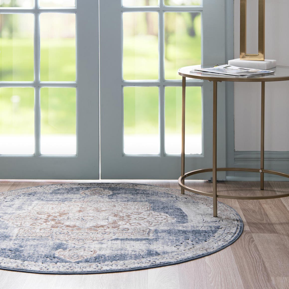 Slate Blue 4' 1 x 4' 1 Chateau Round Area Rug 85% Polypropylene & 15% Chenille With Cotton Backing Traditional Vintage Distressed Carpet for Classical Interior Design Decorating for Sale at Rug Engine