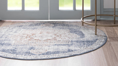 Slate Blue 4' 1 x 4' 1 Chateau Round Area Rug 85% Polypropylene & 15% Chenille With Cotton Backing Traditional Vintage Distressed Carpet for Classical Interior Design Decorating for Sale at Rug Engine