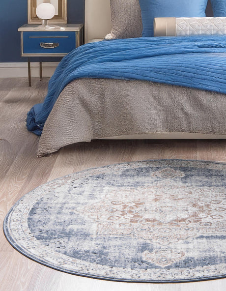 Slate Blue 4' 1 x 4' 1 Chateau Round Area Rug 85% Polypropylene & 15% Chenille With Cotton Backing Traditional Vintage Distressed Carpet for Classical Interior Design Decorating for Sale at Rug Engine