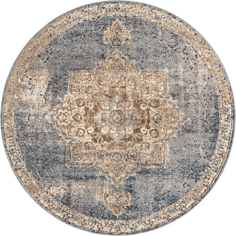 Slate Blue 4' 1 x 4' 1 Chateau Round Area Rug 85% Polypropylene & 15% Chenille With Cotton Backing Traditional Vintage Distressed Carpet for Classical Interior Design Decorating for Sale at Rug Engine