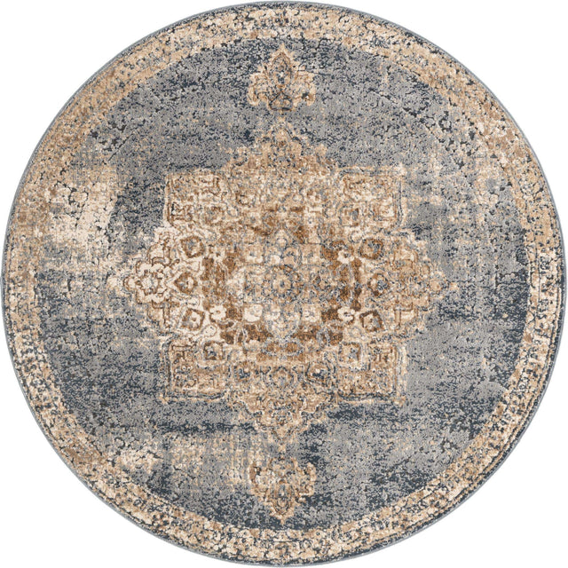 Slate Blue 4' 1 x 4' 1 Chateau Round Area Rug 85% Polypropylene & 15% Chenille With Cotton Backing Traditional Vintage Distressed Carpet for Classical Interior Design Decorating for Sale at Rug Engine