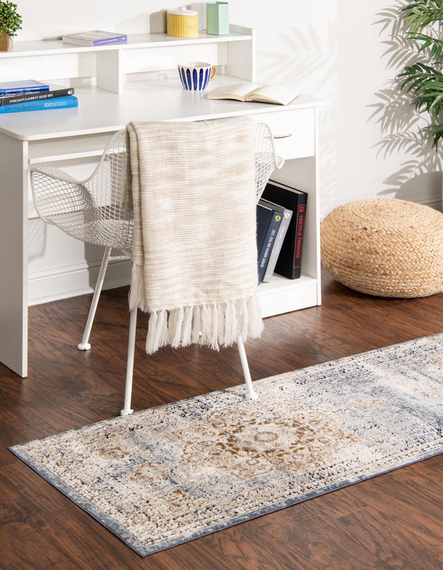 Slate Blue 2' x 6' 9 Chateau Runner Area Rug 85% Polypropylene & 15% Chenille With Cotton Backing Traditional Vintage Distressed Carpet for Classical Interior Design Decorating for Sale at Rug Engine