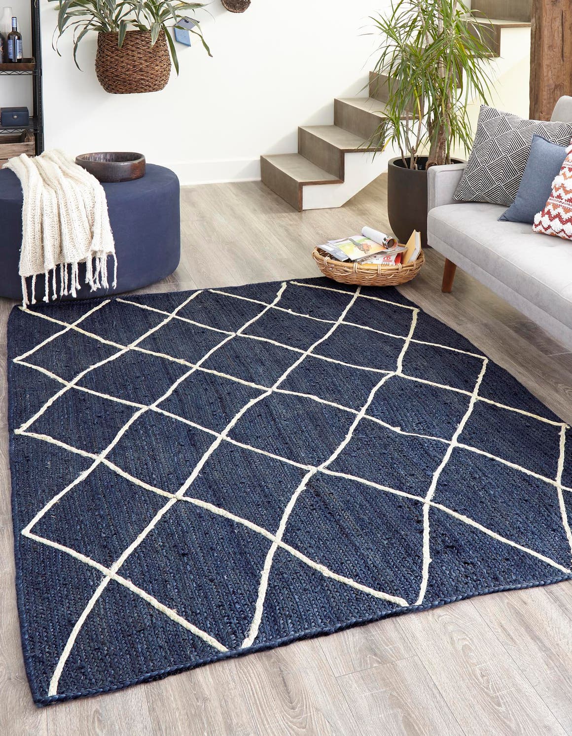 Navy Blue 6' 1 x 9' Braided Jute Rectangle Area Rug 100% Jute Hand Braided Natural Eco-Friendly Boho Style Carpet for Living Rooms Dining Office Space Dorms for Sale at Rug Engine