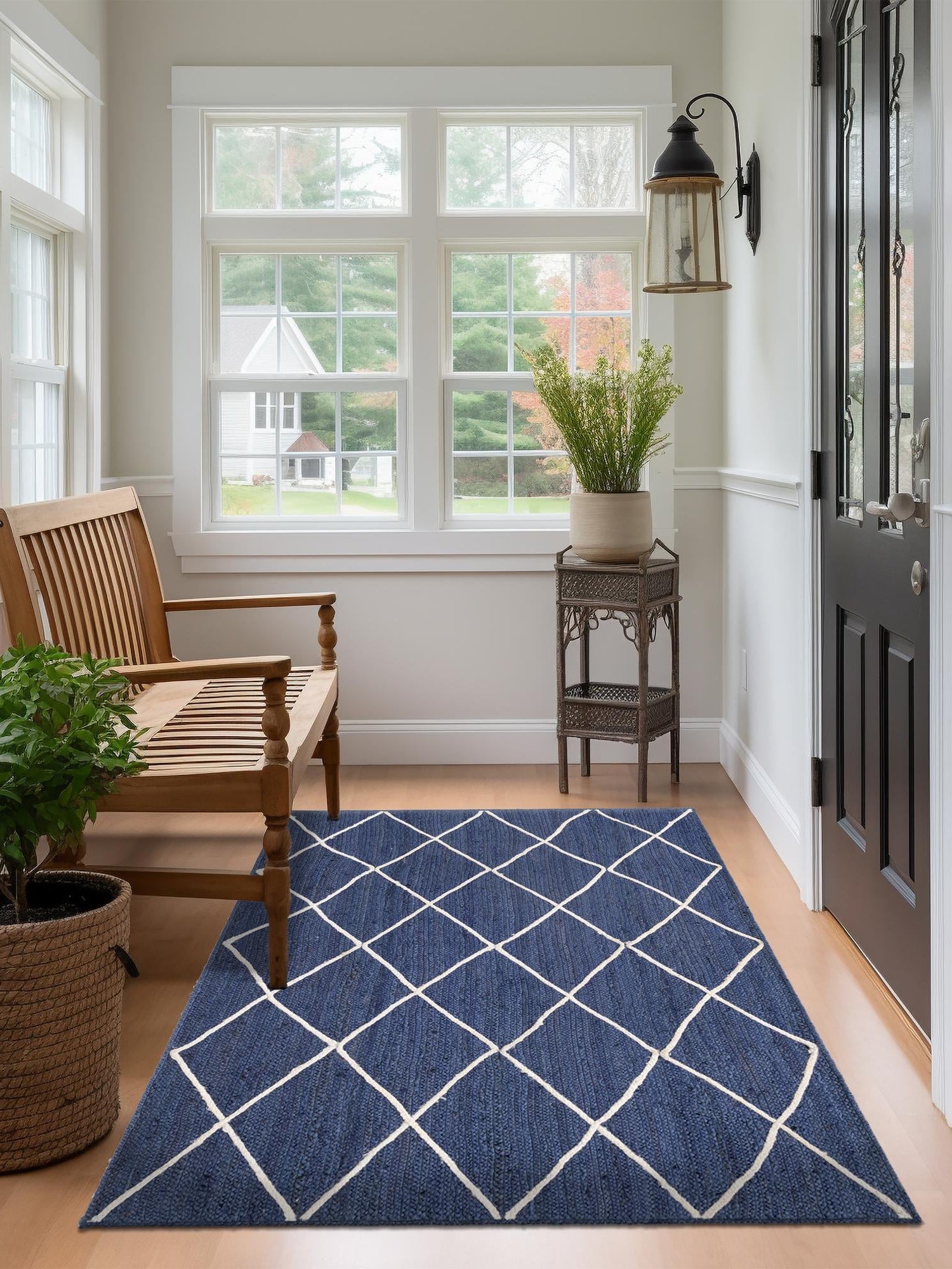 Navy Blue 4' 1 x 6' 1 Braided Jute Rectangle Area Rug 100% Jute Hand Braided Natural Eco-Friendly Boho Style Carpet for Living Rooms Dining Office Space Dorms for Sale at Rug Engine