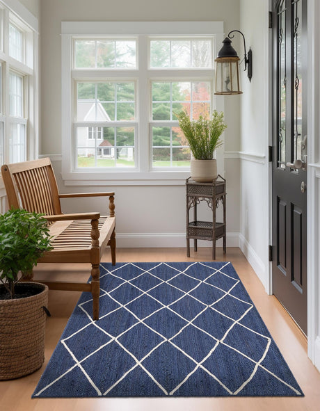 Navy Blue 8' x 10' Braided Jute Rectangle Area Rug 100% Jute Hand Braided Natural Eco-Friendly Boho Style Carpet for Living Rooms Dining Office Space Dorms for Sale at Rug Engine