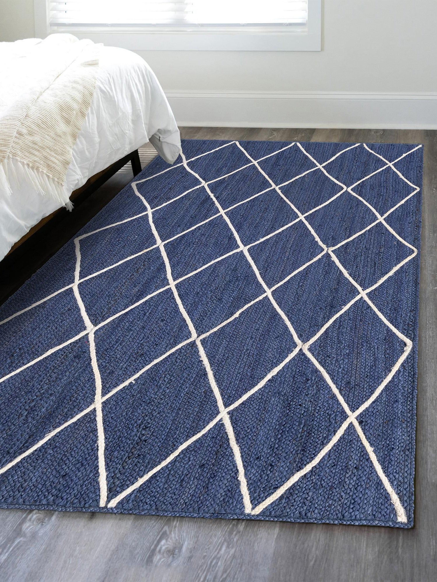 Navy Blue 5' 1 x 8' Braided Jute Rectangle Area Rug 100% Jute Hand Braided Natural Eco-Friendly Boho Style Carpet for Living Rooms Dining Office Space Dorms for Sale at Rug Engine