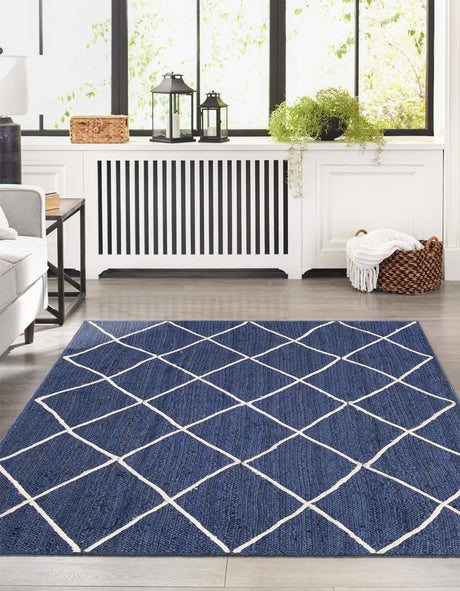 Navy Blue 2' x 3' 1 Braided Jute Rectangle Area Rug 100% Jute Hand Braided Natural Eco-Friendly Boho Style Carpet for Living Rooms Dining Office Space Dorms for Sale at Rug Engine