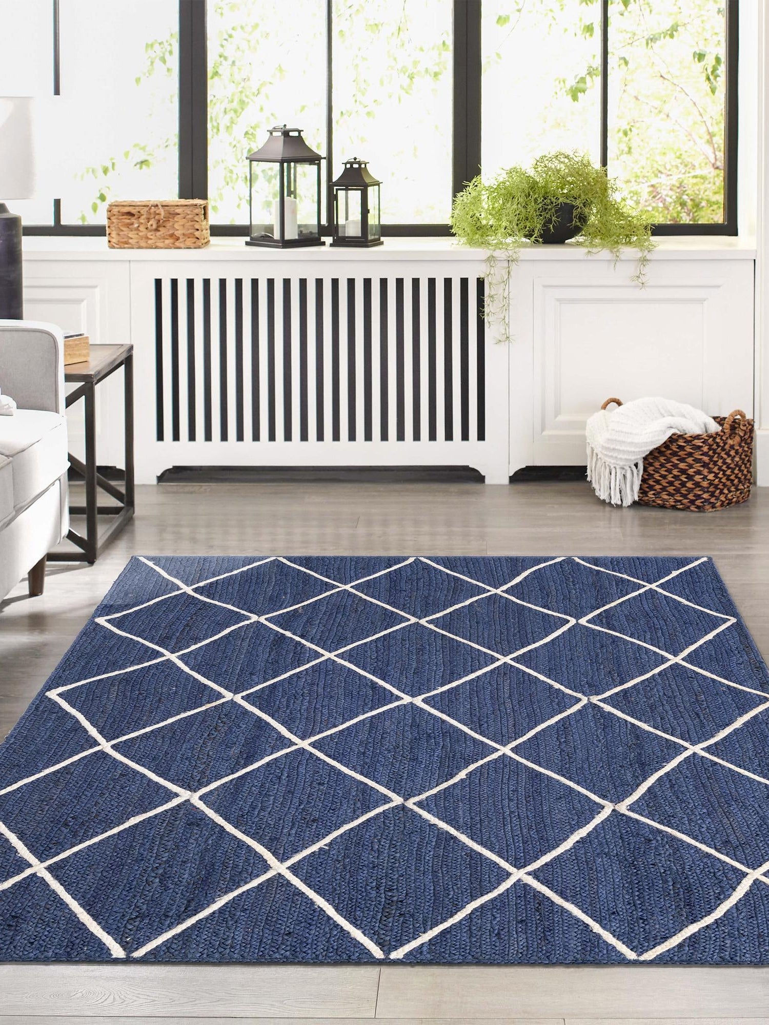 Navy Blue 3' 3 x 5' 1 Braided Jute Rectangle Area Rug 100% Jute Hand Braided Natural Eco-Friendly Boho Style Carpet for Living Rooms Dining Office Space Dorms for Sale at Rug Engine
