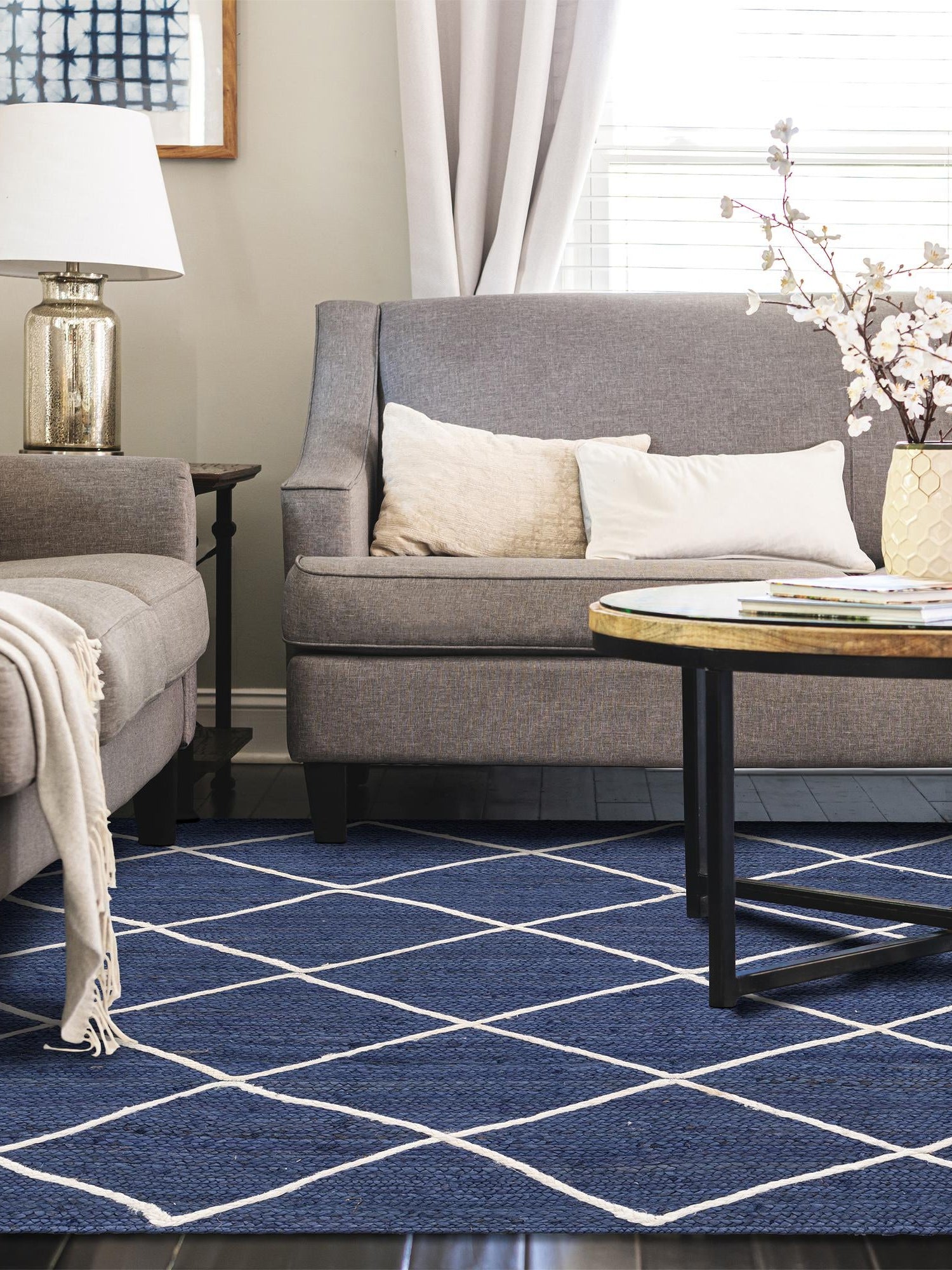 Navy Blue 5' 1 x 8' Braided Jute Rectangle Area Rug 100% Jute Hand Braided Natural Eco-Friendly Boho Style Carpet for Living Rooms Dining Office Space Dorms for Sale at Rug Engine