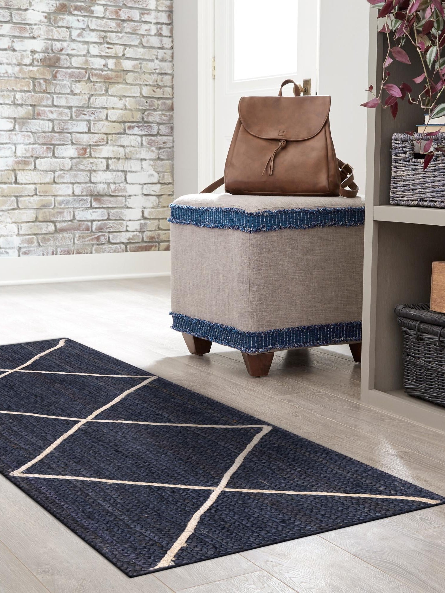 Navy Blue 2' 2 x 6' 1 Braided Jute Runner Area Rug 100% Jute Hand Braided Natural Eco-Friendly Boho Style Carpet for Living Rooms Dining Office Space Dorms for Sale at Rug Engine