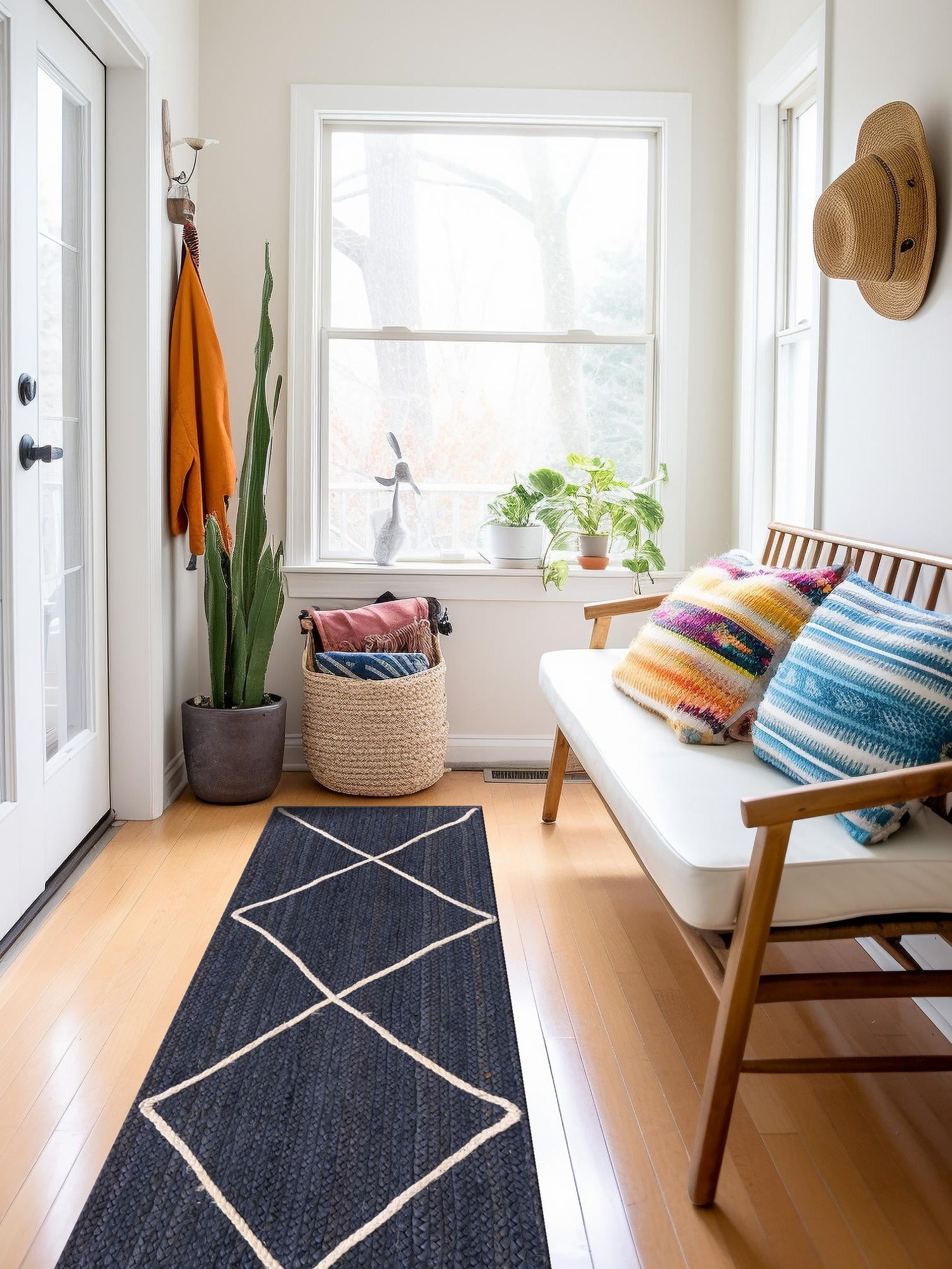 Navy Blue 2' 2 x 6' 1 Braided Jute Runner Area Rug 100% Jute Hand Braided Natural Eco-Friendly Boho Style Carpet for Living Rooms Dining Office Space Dorms for Sale at Rug Engine
