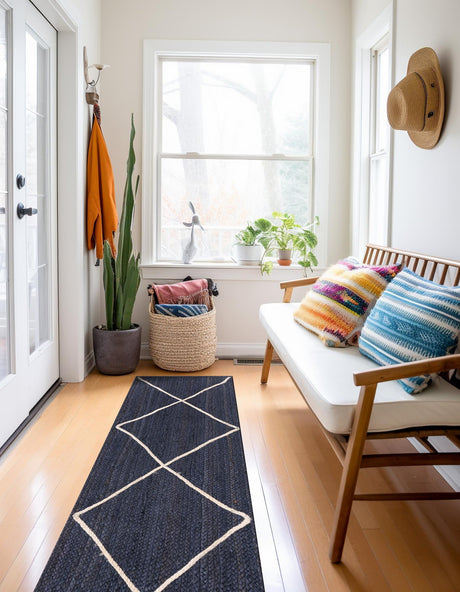 Navy Blue 2' 2 x 6' 1 Braided Jute Runner Area Rug 100% Jute Hand Braided Natural Eco-Friendly Boho Style Carpet for Living Rooms Dining Office Space Dorms for Sale at Rug Engine