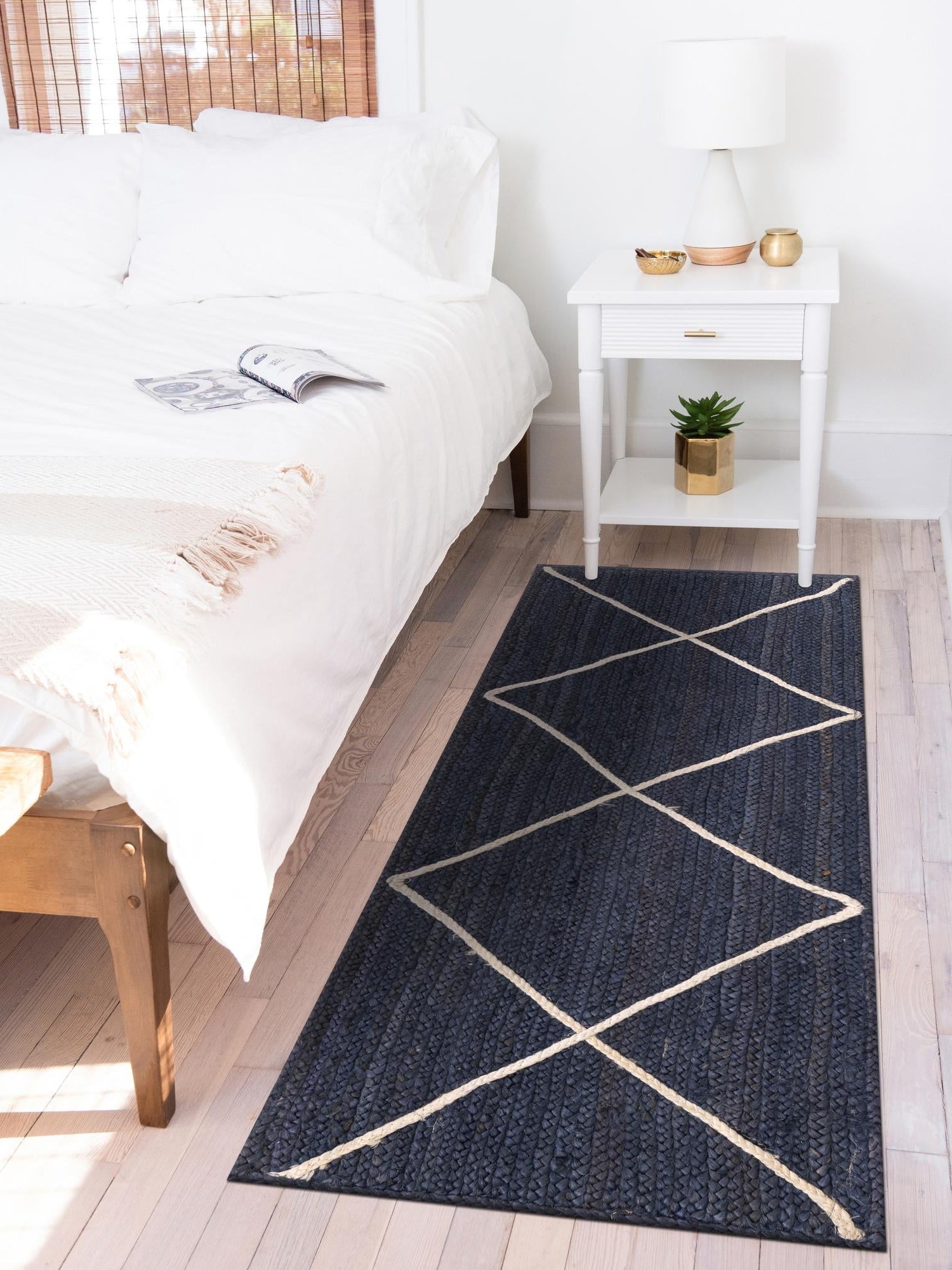 Navy Blue 2' 2 x 6' 1 Braided Jute Runner Area Rug 100% Jute Hand Braided Natural Eco-Friendly Boho Style Carpet for Living Rooms Dining Office Space Dorms for Sale at Rug Engine