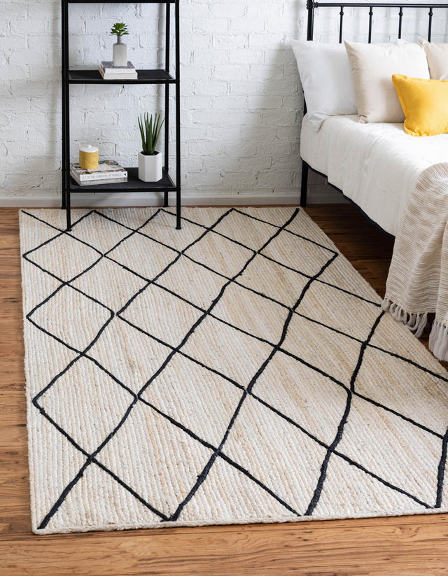 Ivory and Black 6' 1 x 9' Braided Jute Rectangle Area Rug 100% Jute Hand Braided Natural Eco-Friendly Boho Style Carpet for Living Rooms Dining Office Space Dorms for Sale at Rug Engine