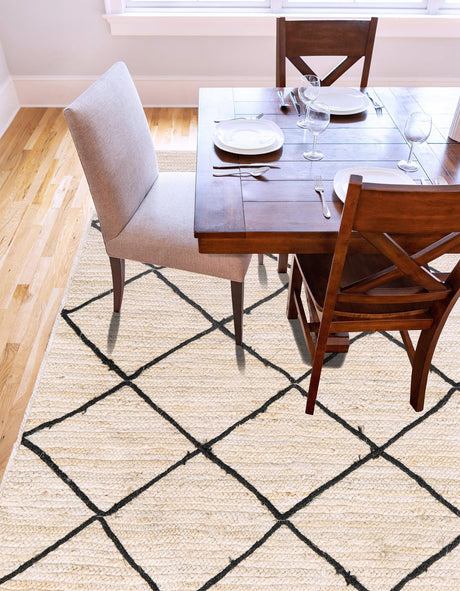 Ivory and Black 5' 1 x 8' Braided Jute Rectangle Area Rug 100% Jute Hand Braided Natural Eco-Friendly Boho Style Carpet for Living Rooms Dining Office Space Dorms for Sale at Rug Engine