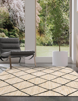 Ivory and Black 6' 1 x 9' Braided Jute Rectangle Area Rug 100% Jute Hand Braided Natural Eco-Friendly Boho Style Carpet for Living Rooms Dining Office Space Dorms for Sale at Rug Engine