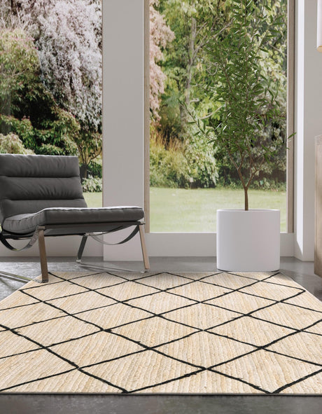 Ivory and Black 5' 1 x 8' Braided Jute Rectangle Area Rug 100% Jute Hand Braided Natural Eco-Friendly Boho Style Carpet for Living Rooms Dining Office Space Dorms for Sale at Rug Engine