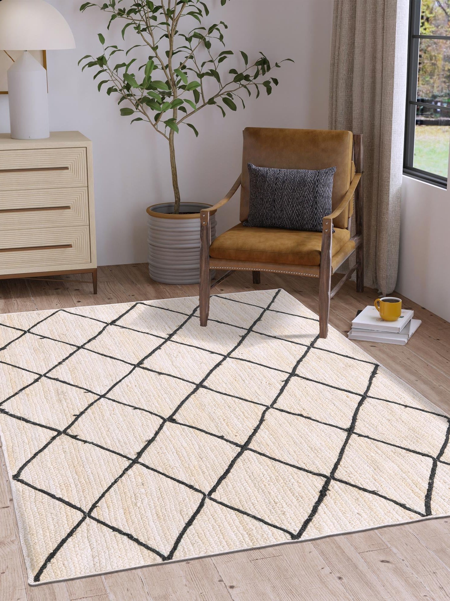 Ivory and Black 6' 1 x 9' Braided Jute Rectangle Area Rug 100% Jute Hand Braided Natural Eco-Friendly Boho Style Carpet for Living Rooms Dining Office Space Dorms for Sale at Rug Engine