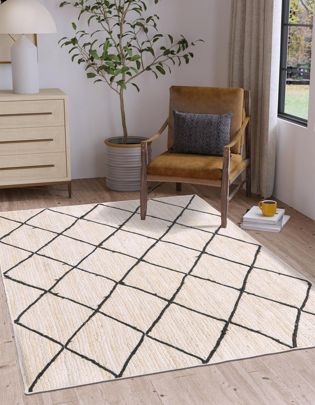 Ivory and Black 6' 1 x 9' Braided Jute Rectangle Area Rug 100% Jute Hand Braided Natural Eco-Friendly Boho Style Carpet for Living Rooms Dining Office Space Dorms for Sale at Rug Engine