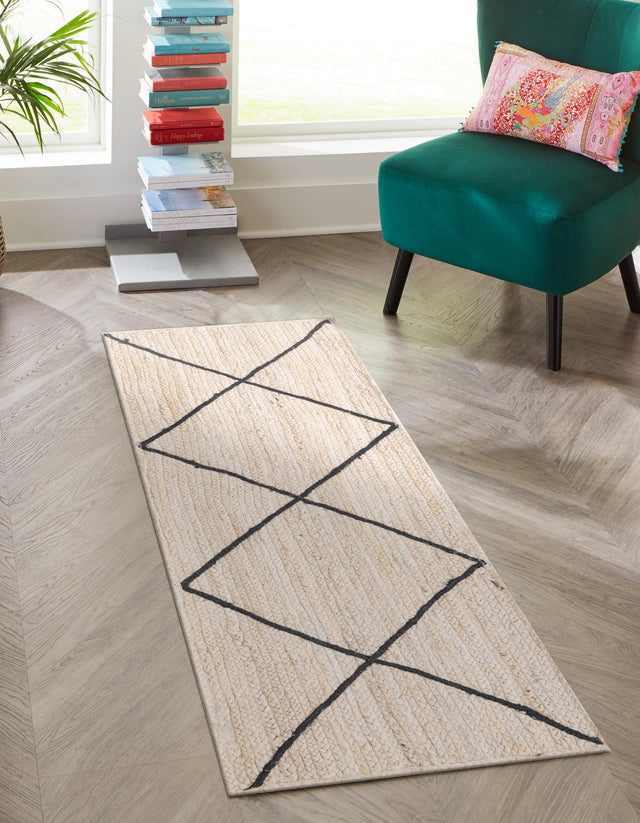 Ivory and Black 2' 2 x 8' 2 Braided Jute Runner Area Rug 100% Jute Hand Braided Natural Eco-Friendly Boho Style Carpet for Living Rooms Dining Office Space Dorms for Sale at Rug Engine