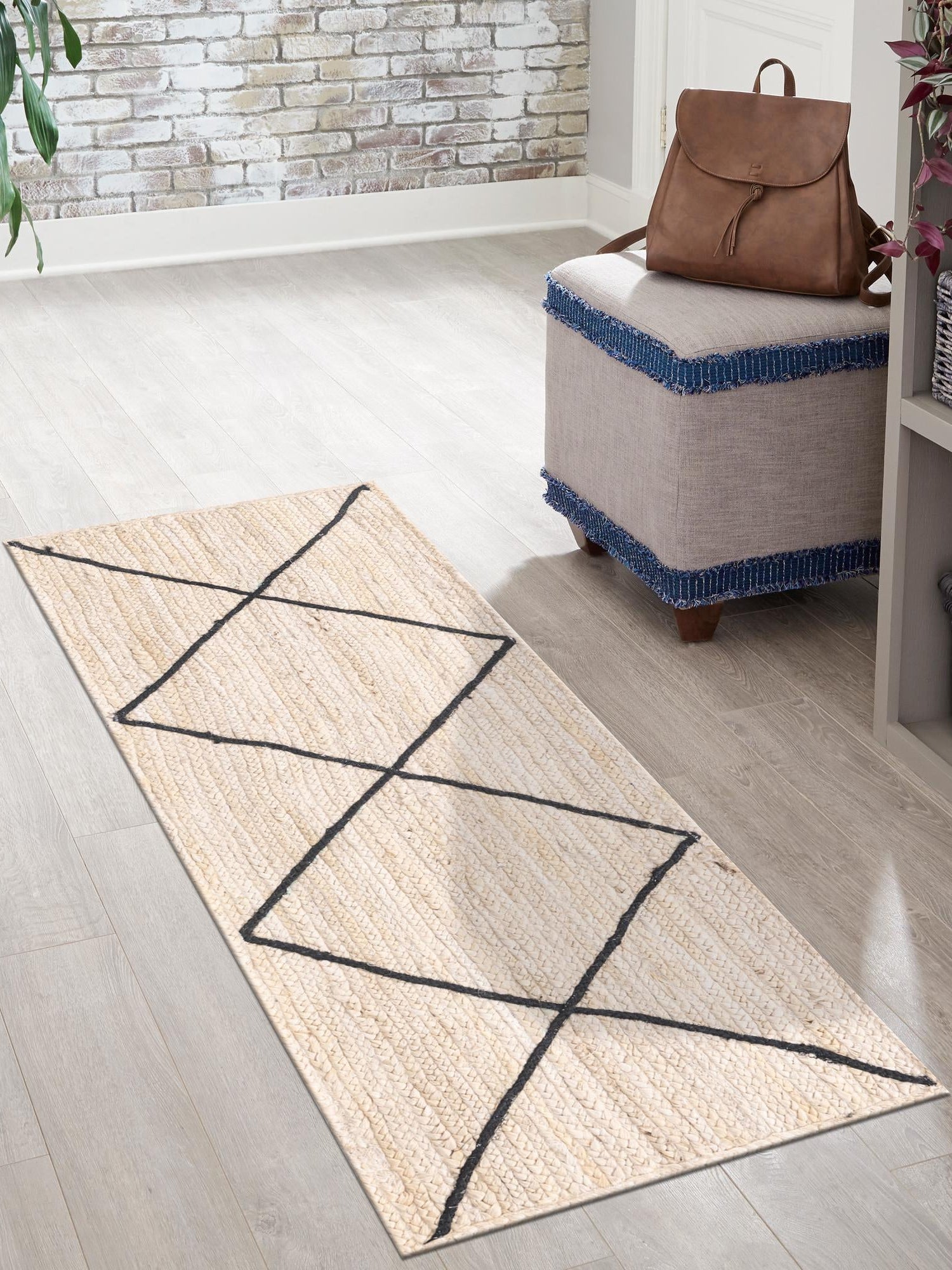 Ivory and Black 2' 2 x 8' 2 Braided Jute Runner Area Rug 100% Jute Hand Braided Natural Eco-Friendly Boho Style Carpet for Living Rooms Dining Office Space Dorms for Sale at Rug Engine