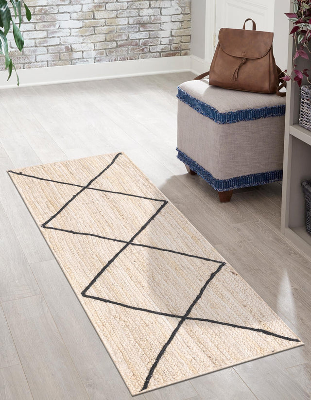 Ivory and Black 2' 2 x 8' 2 Braided Jute Runner Area Rug 100% Jute Hand Braided Natural Eco-Friendly Boho Style Carpet for Living Rooms Dining Office Space Dorms for Sale at Rug Engine