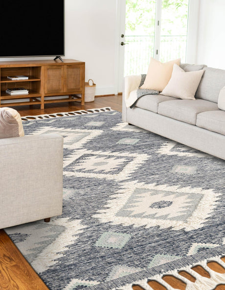 Dark Blue 8' x 10' Mesa Rectangle Area Rug 100% Wool Geometric All Natural Carpet for Living, Dining, Office, Bedrooms, Dorms, Kitchens for Sale at Rug Engine