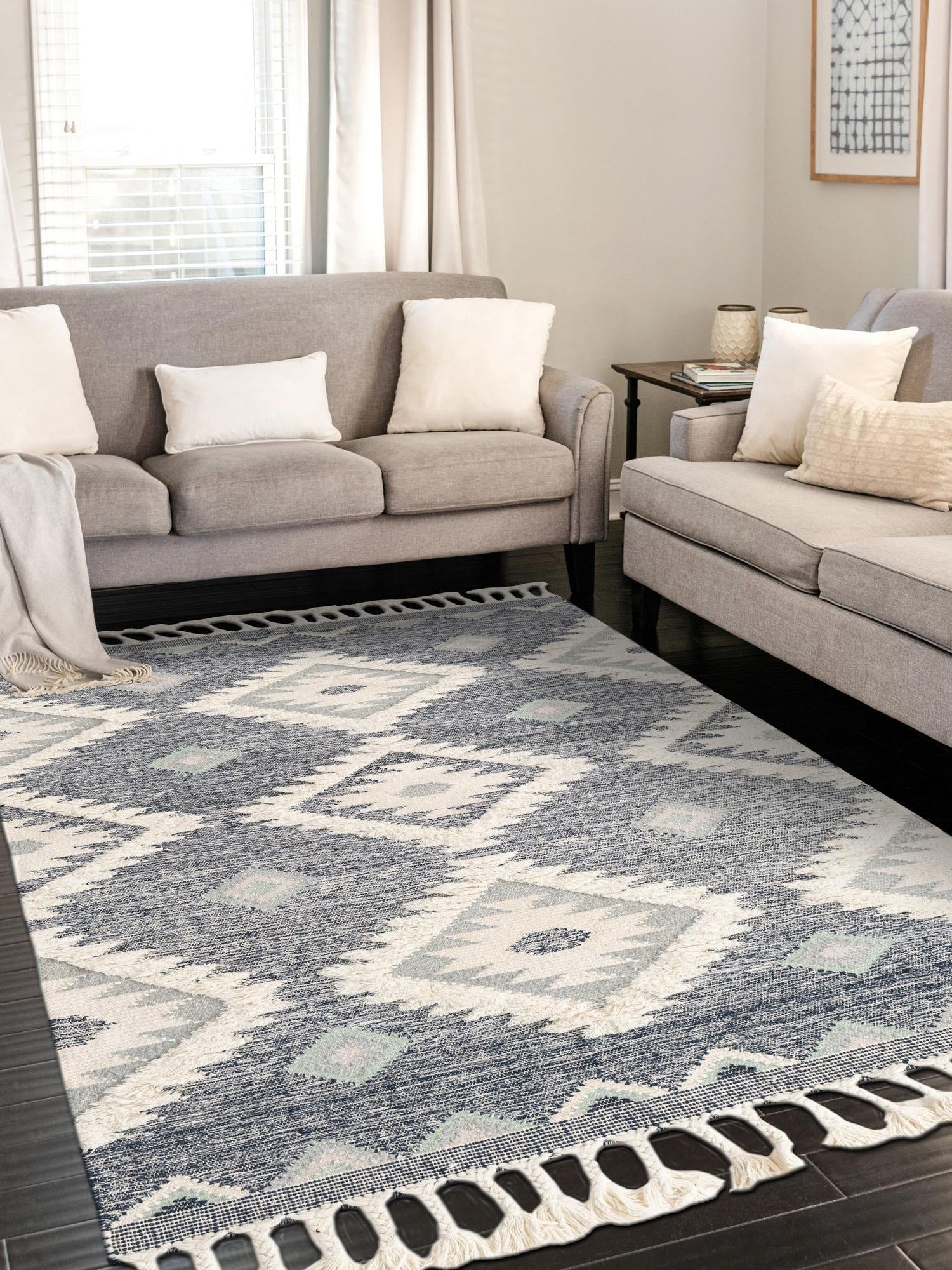 Dark Blue 8' x 11' Mesa Rectangle Area Rug 100% Wool Geometric All Natural Carpet for Living, Dining, Office, Bedrooms, Dorms, Kitchens for Sale at Rug Engine