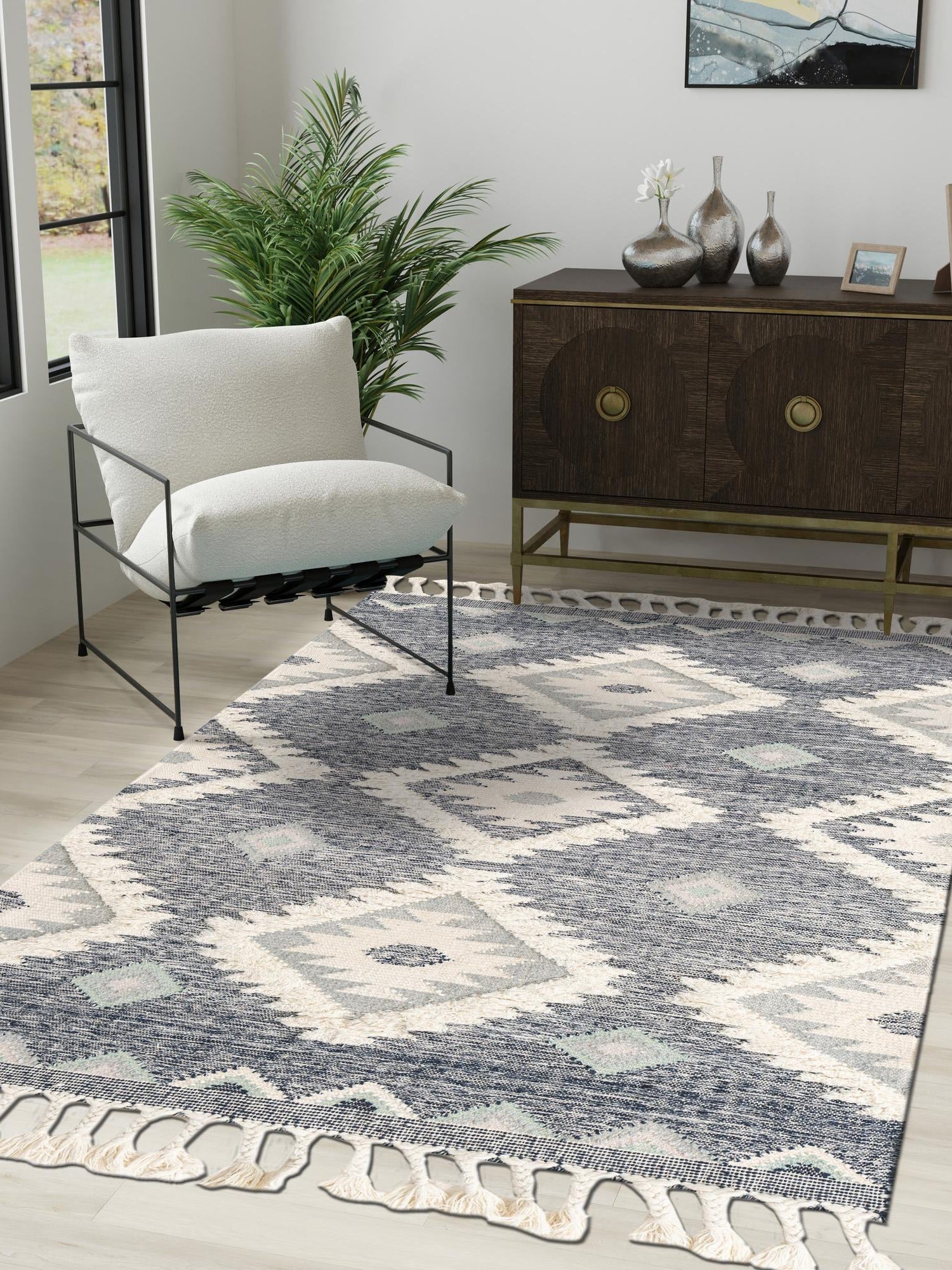 Dark Blue 4' 1 x 6' 1 Mesa Rectangle Area Rug 100% Wool Geometric All Natural Carpet for Living, Dining, Office, Bedrooms, Dorms, Kitchens for Sale at Rug Engine