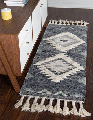 Dark Blue 2' 2 x 6' 1 Mesa Runner Area Rug 100% Wool Geometric All Natural Carpet for Living, Dining, Office, Bedrooms, Dorms, Kitchens for Sale at Rug Engine