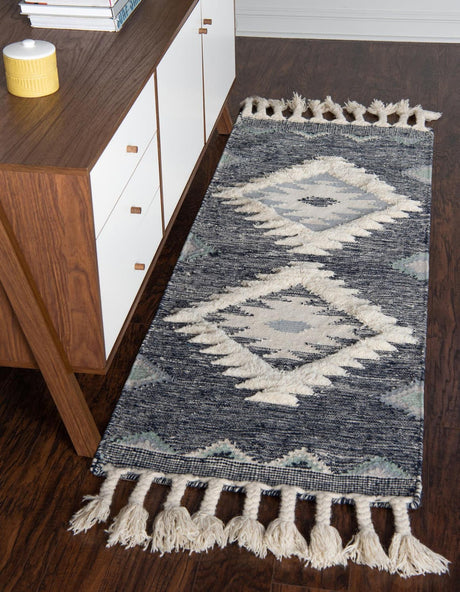 Dark Blue 2' 2 x 6' 1 Mesa Runner Area Rug 100% Wool Geometric All Natural Carpet for Living, Dining, Office, Bedrooms, Dorms, Kitchens for Sale at Rug Engine