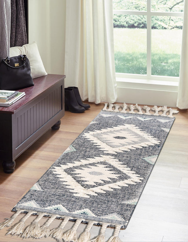 Dark Blue 2' 2 x 8' 2 Mesa Runner Area Rug 100% Wool Geometric All Natural Carpet for Living, Dining, Office, Bedrooms, Dorms, Kitchens for Sale at Rug Engine