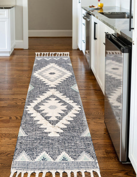 Dark Blue 2' 2 x 8' 2 Mesa Runner Area Rug 100% Wool Geometric All Natural Carpet for Living, Dining, Office, Bedrooms, Dorms, Kitchens for Sale at Rug Engine