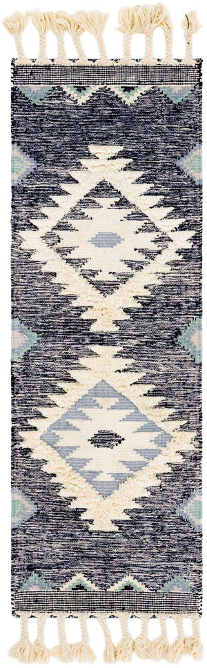 Dark Blue 2' 2 x 6' 1 Mesa Runner Area Rug 100% Wool Geometric All Natural Carpet for Living, Dining, Office, Bedrooms, Dorms, Kitchens for Sale at Rug Engine