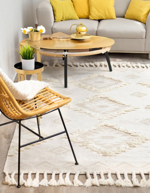 Ivory 4' 1 x 6' 1 Mesa Rectangle Area Rug 100% Wool Geometric All Natural Carpet for Living, Dining, Office, Bedrooms, Dorms, Kitchens for Sale at Rug Engine