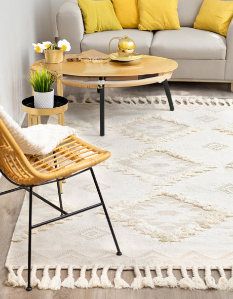 Ivory 4' 1 x 6' 1 Mesa Rectangle Area Rug 100% Wool Geometric All Natural Carpet for Living, Dining, Office, Bedrooms, Dorms, Kitchens for Sale at Rug Engine