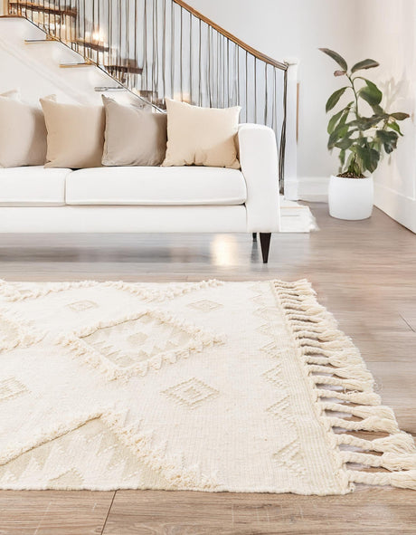 Ivory 5' 1 x 8' Mesa Rectangle Area Rug 100% Wool Geometric All Natural Carpet for Living, Dining, Office, Bedrooms, Dorms, Kitchens for Sale at Rug Engine