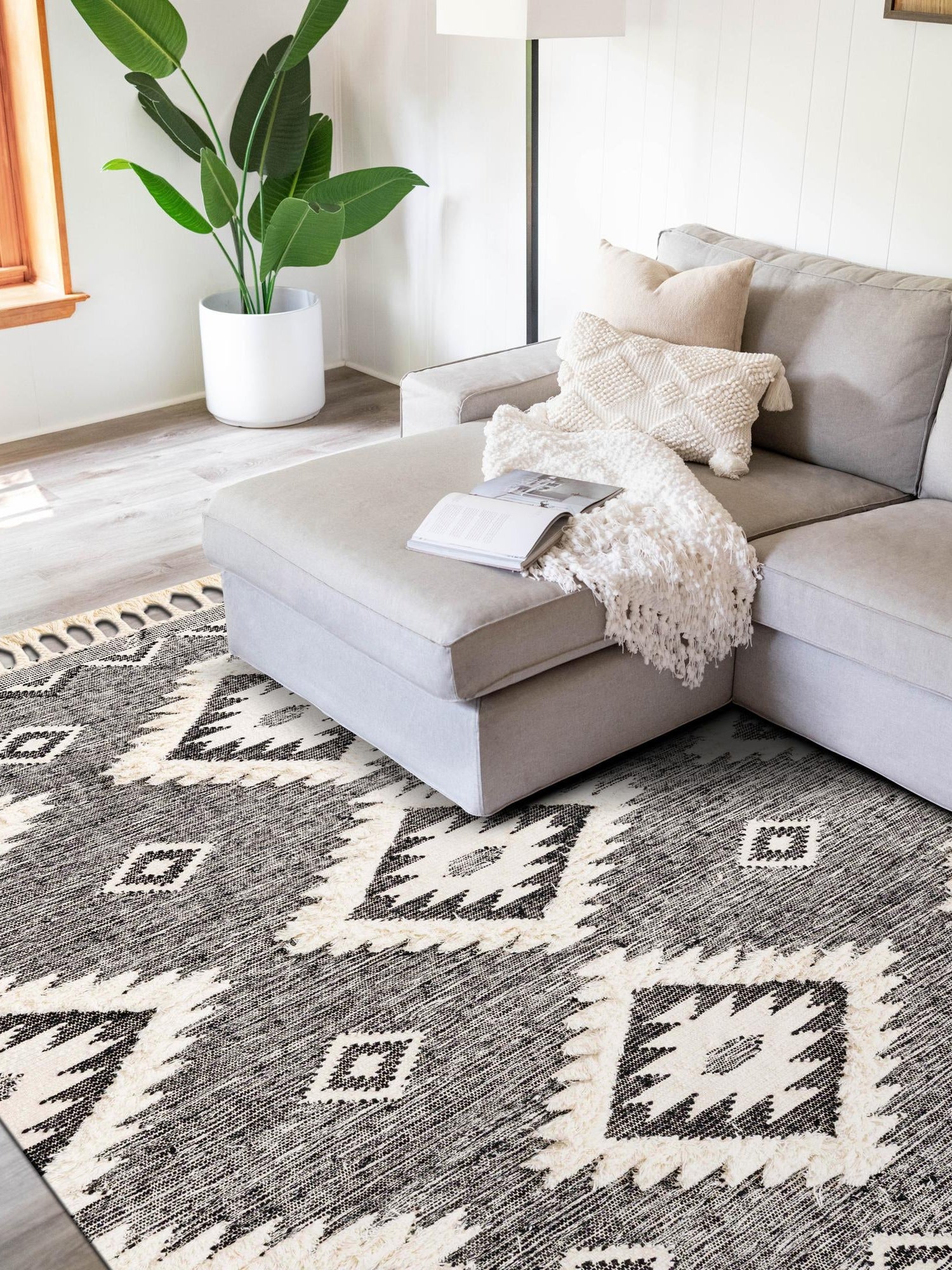 Charcoal 4' 1 x 6' 1 Mesa Rectangle Area Rug 100% Wool Geometric All Natural Carpet for Living, Dining, Office, Bedrooms, Dorms, Kitchens for Sale at Rug Engine