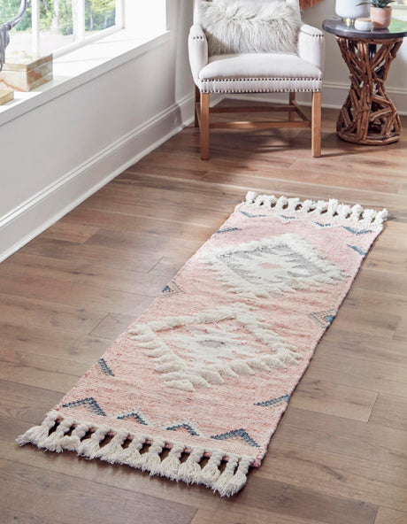 Pink 2' 2 x 6' 1 Mesa Runner Area Rug 100% Wool Geometric All Natural Carpet for Living, Dining, Office, Bedrooms, Dorms, Kitchens for Sale at Rug Engine