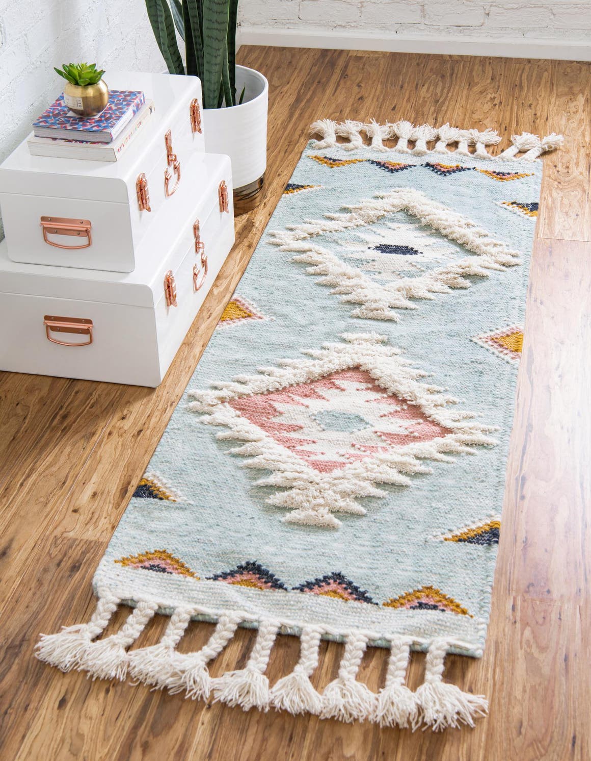 Light Aqua 2' 2 x 8' 2 Mesa Runner Area Rug 100% Wool Geometric All Natural Carpet for Living, Dining, Office, Bedrooms, Dorms, Kitchens for Sale at Rug Engine