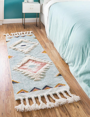 Light Aqua 2' 7 x 10' Mesa Runner Area Rug 100% Wool Geometric All Natural Carpet for Living, Dining, Office, Bedrooms, Dorms, Kitchens for Sale at Rug Engine