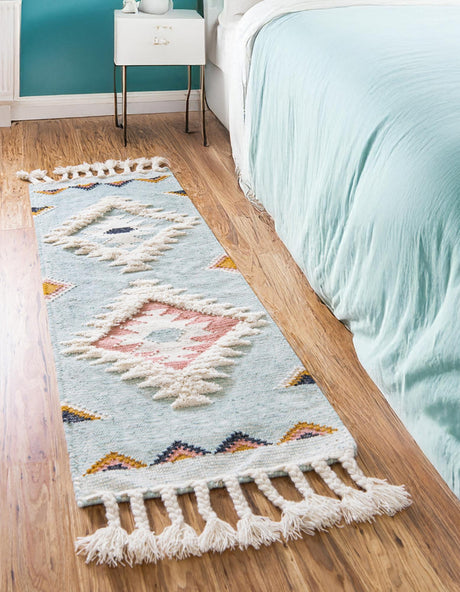 Light Aqua 2' 2 x 6' 1 Mesa Runner Area Rug 100% Wool Geometric All Natural Carpet for Living, Dining, Office, Bedrooms, Dorms, Kitchens for Sale at Rug Engine