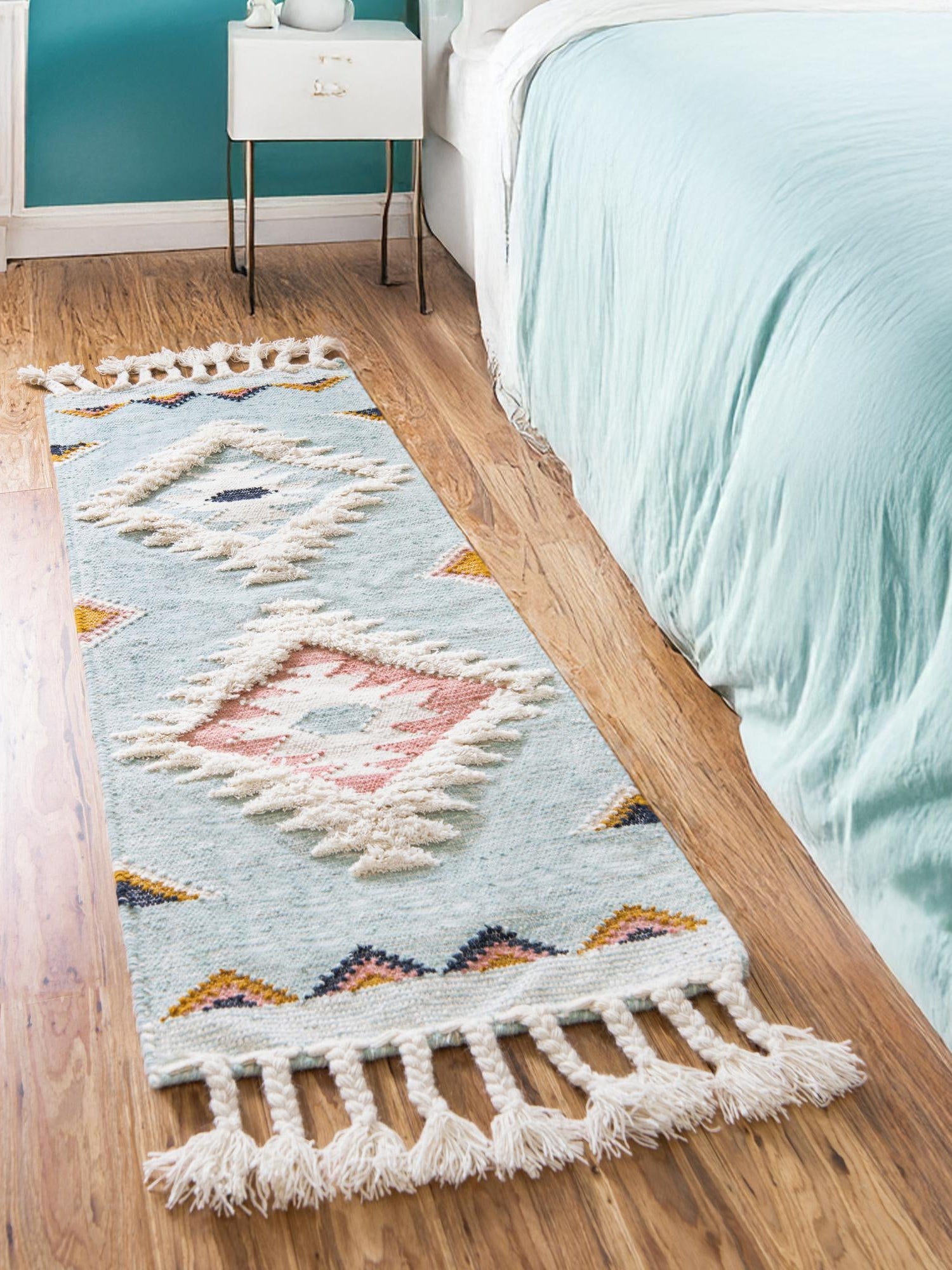 Light Aqua 2' 7 x 13' 1 Mesa Runner Area Rug 100% Wool Geometric All Natural Carpet for Living, Dining, Office, Bedrooms, Dorms, Kitchens for Sale at Rug Engine