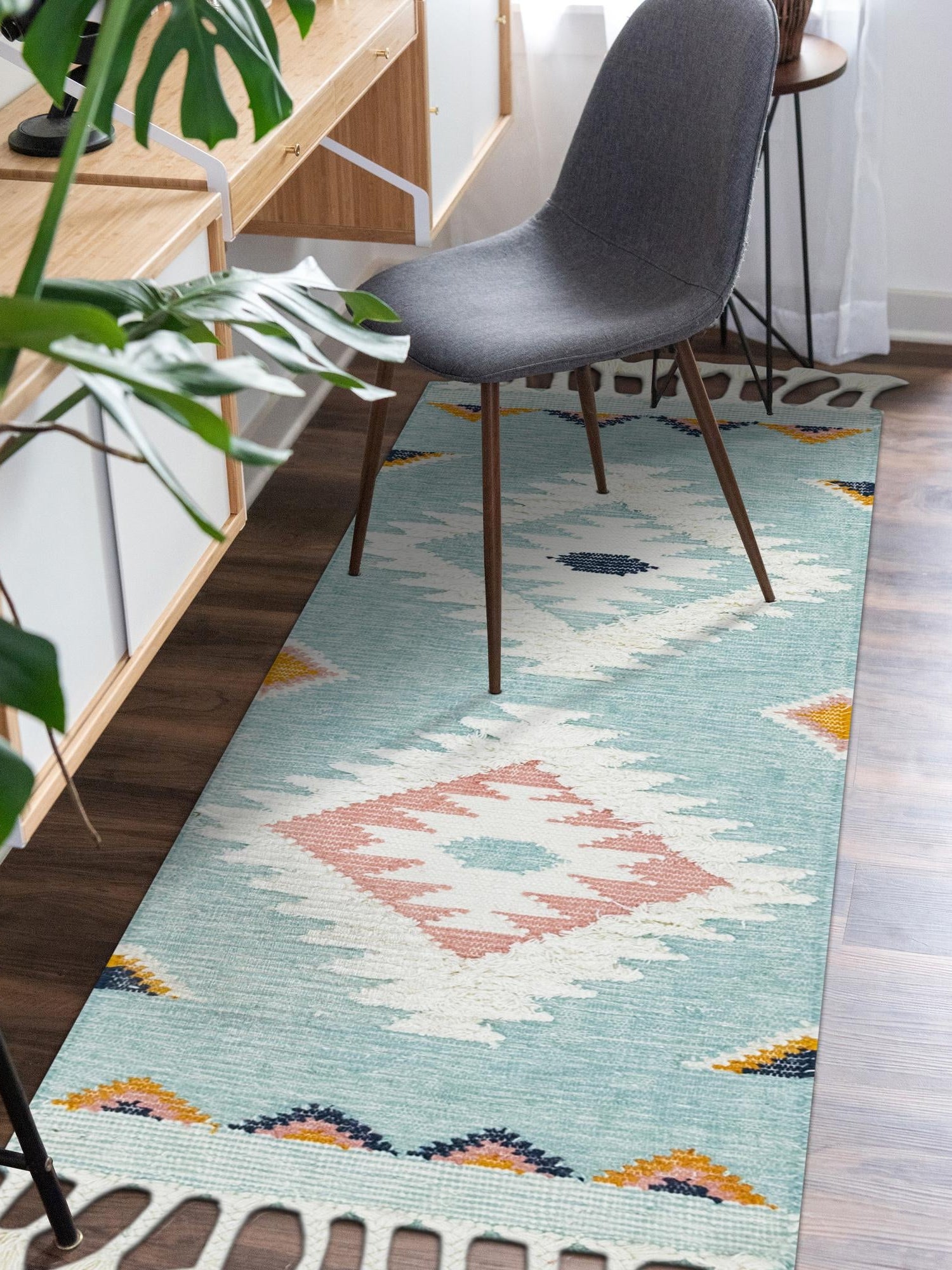 Light Aqua 2' 2 x 6' 1 Mesa Runner Area Rug 100% Wool Geometric All Natural Carpet for Living, Dining, Office, Bedrooms, Dorms, Kitchens for Sale at Rug Engine