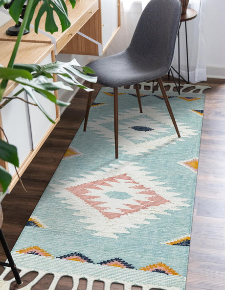 Light Aqua 2' 2 x 6' 1 Mesa Runner Area Rug 100% Wool Geometric All Natural Carpet for Living, Dining, Office, Bedrooms, Dorms, Kitchens for Sale at Rug Engine