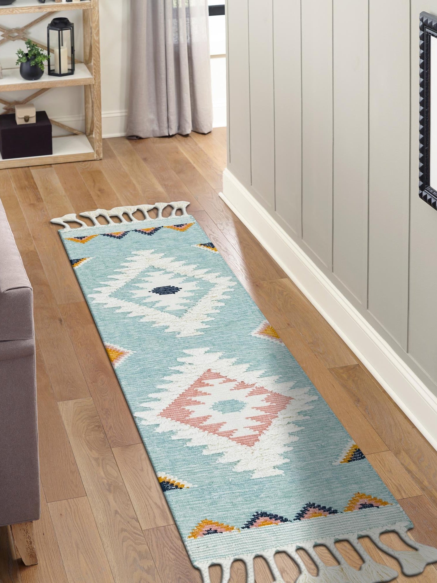 Light Aqua 2' 7 x 10' Mesa Runner Area Rug 100% Wool Geometric All Natural Carpet for Living, Dining, Office, Bedrooms, Dorms, Kitchens for Sale at Rug Engine