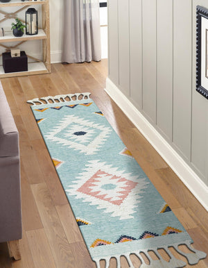 Light Aqua 2' 7 x 10' Mesa Runner Area Rug 100% Wool Geometric All Natural Carpet for Living, Dining, Office, Bedrooms, Dorms, Kitchens for Sale at Rug Engine